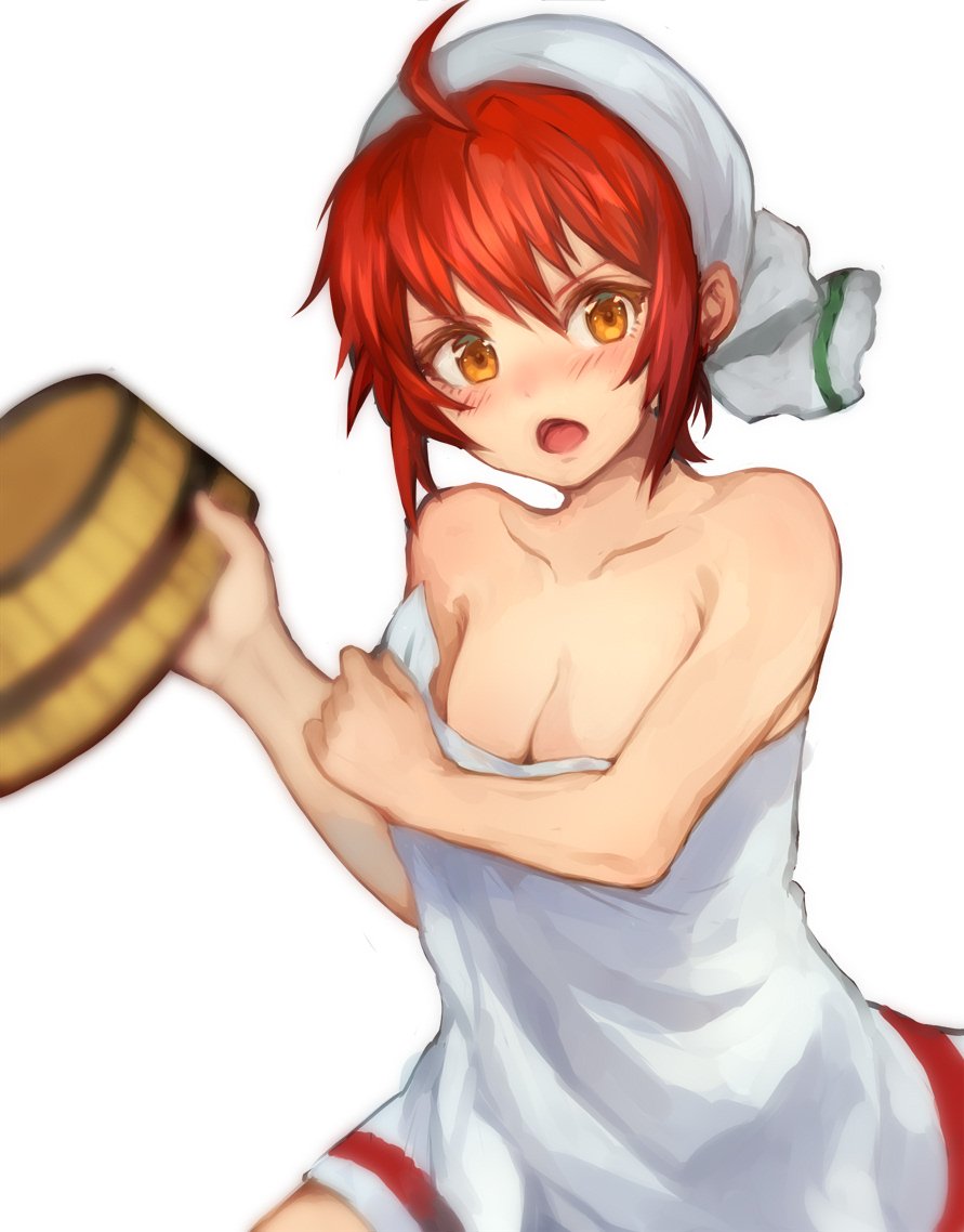 1girl ahoge bare_shoulders blush breasts brown_eyes bucket cleavage fire_emblem fire_emblem_heroes fire_emblem_if hinoka_(fire_emblem_if) jurge looking_at_viewer medium_breasts naked_towel nintendo open_mouth redhead short_hair simple_background solo towel towel_on_head white_background wooden_bucket