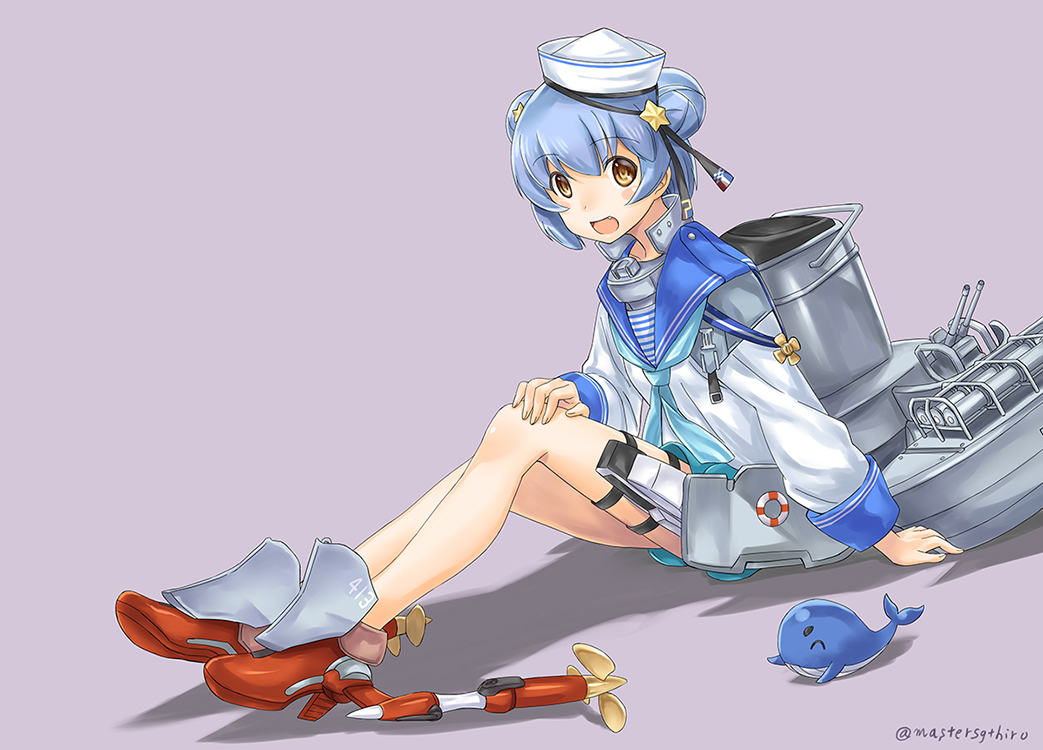 1girl 1other aqua_neckwear aqua_skirt black_ribbon blue_hair blue_sailor_collar dixie_cup_hat double_bun full_body grey_background hat hat_ribbon kantai_collection long_sleeves military_hat miniskirt neckerchief pleated_skirt red_footwear ribbon sailor_collar samuel_b._roberts_(kantai_collection) satsuki_harunobu school_uniform serafuku shirt short_hair simple_background sitting skirt solo_focus twitter_username whale white_hat white_shirt yellow_eyes