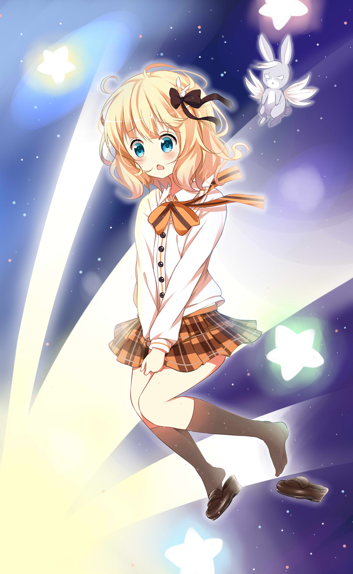 1girl animal bangs blonde_hair blue_eyes blush bow brown_bow brown_footwear brown_legwear bunny_hair_ornament cardigan chestnut_mouth collared_shirt commentary_request deyui eyebrows_visible_through_hair feathered_wings gochuumon_wa_usagi_desu_ka? hair_bow hair_ornament highres kirima_sharo kneehighs loafers long_sleeves open_mouth orange_bow orange_skirt plaid plaid_skirt pleated_skirt rabbit scar scar_across_eye shirt shoes skirt star striped striped_bow white_cardigan white_shirt white_wings wild_geese winged_animal wings