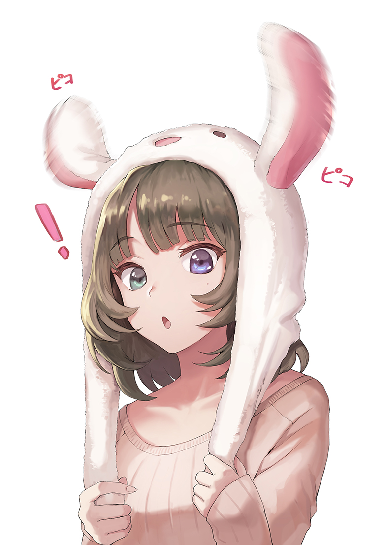 ! 1girl :o animal_ears animal_hat bangs blue_eyes brown_hair brown_sweater commentary_request eyebrows_visible_through_hair fake_animal_ears flapping_ears green_eyes hands_up hat heterochromia holding idolmaster idolmaster_cinderella_girls long_sleeves looking_at_viewer meto31 mole mole_under_eye motion_blur parted_lips rabbit_ears ribbed_sweater short_hair simple_background sleeves_past_wrists solo sweater takagaki_kaede upper_body white_background