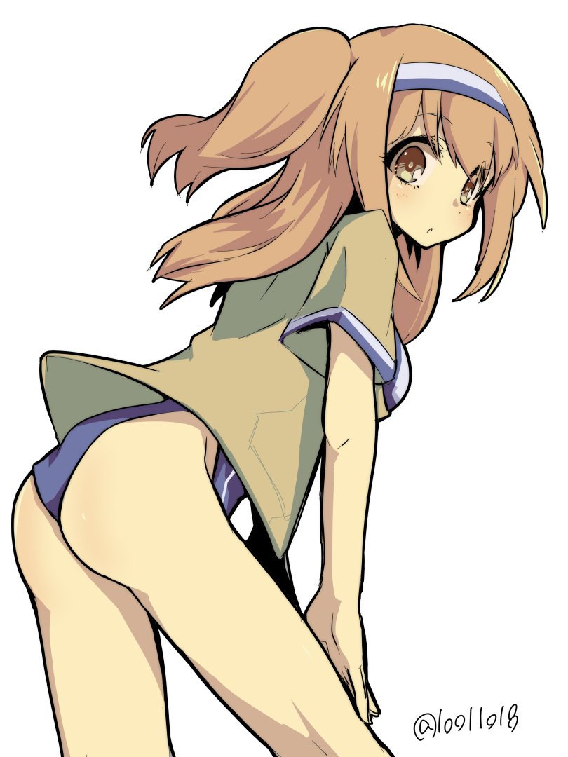 10011018 1girl ass breasts cowboy_shot eyebrows_visible_through_hair from_behind hairband i-26_(kantai_collection) kantai_collection large_breasts light_brown_eyes light_brown_hair long_hair looking_at_viewer school_swimsuit short_sleeves simple_background solo swimsuit twitter_username two-tone_hairband two_side_up white_background