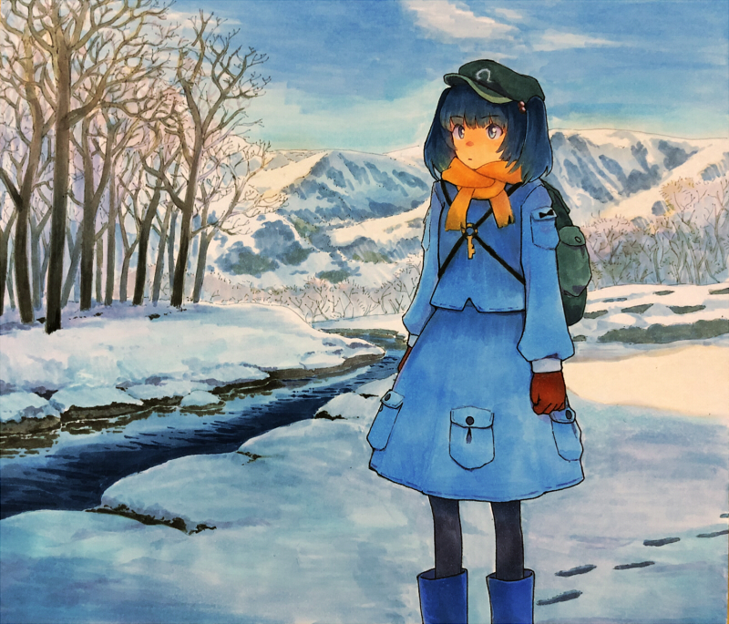 1girl arms_at_sides backpack bag bare_tree black_legwear blue_eyes blue_hair boots commentary footprints gloves hair_bobbles hair_ornament hat kawashiro_nitori key marker_(medium) nature pantyhose pocket scarf scenery shade shiratama_(hockey) skirt skirt_set snow solo stream touhou traditional_media tree two_side_up water winter