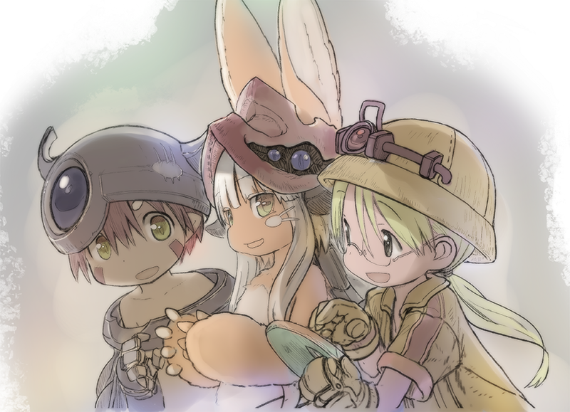 1boy 1girl 1other ambiguous_gender animal_ears blonde_hair blush brown_eyes brown_gloves brown_hair collarbone eyebrows_visible_through_hair furry glasses gloves green_eyes helmet long_hair looking_at_another made_in_abyss nanachi_(made_in_abyss) parted_lips pith_helmet regu_(made_in_abyss) riko_(made_in_abyss) semi-rimless_eyewear short_hair short_sleeves smile tail tsukushi_akihito under-rim_eyewear white_hair yellow_eyes