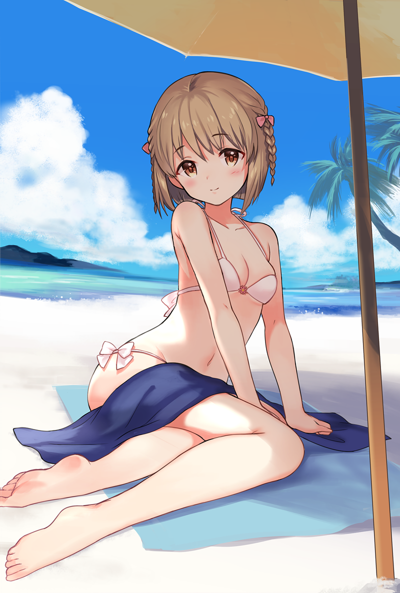 1girl bare_arms bare_legs bare_shoulders barefoot beach bikini blue_sky blue_towel blush braid breasts brown_hair clouds cloudy_sky collarbone commentary_request dot_nose eyebrows_visible_through_hair hagiwara_yukiho hand_on_ground idolmaster idolmaster_(classic) looking_at_viewer mountain navel occhan_(11715) ocean outdoors palm_tree red_ribbon ribbon sand shade short_hair sitting sitting_on_ground sky small_breasts smile solo swimsuit towel tree twin_braids water white_bikini white_ribbon