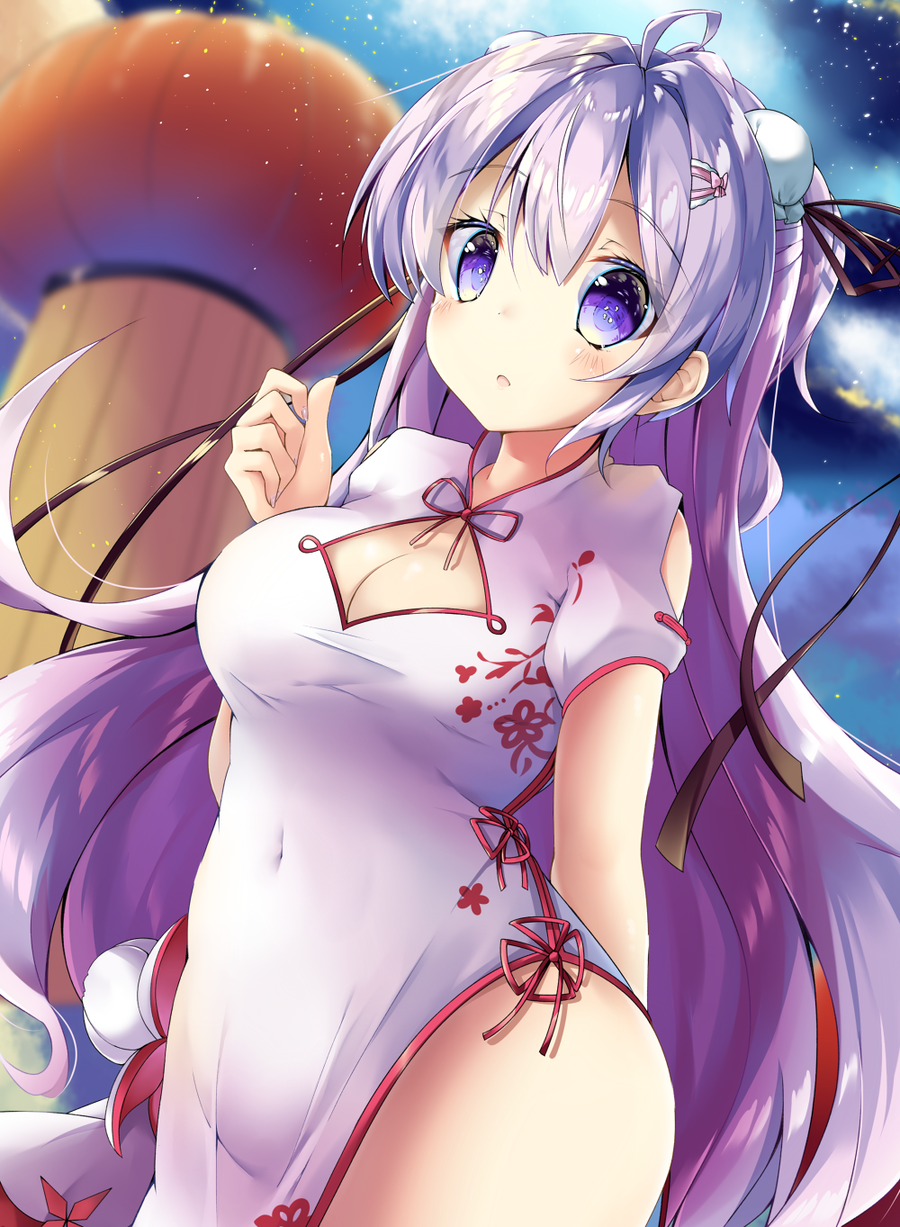 1girl ahoge azur_lane bangs black_ribbon blue_eyes blurry blush breasts bun_cover china_dress chinese_clothes cleavage cleavage_cutout clouds cloudy_sky commentary_request covered_navel cowboy_shot depth_of_field double_bun dress floating_hair hair_ornament hairclip hand_up highres light_particles long_hair looking_at_viewer maritaki medium_breasts parted_lips pelvic_curtain purple_hair ribbon short_sleeves side_slit sidelocks sky solo standing thighs unicorn_(azur_lane) very_long_hair