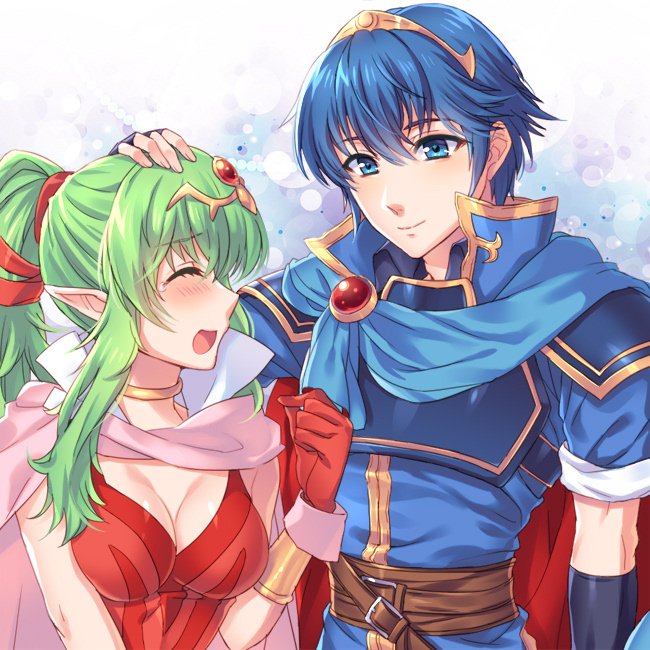 1boy 1girl awayuki_ramika belt blue_eyes blue_hair blush breasts cape chiki cleavage closed_eyes closed_mouth fire_emblem fire_emblem:_kakusei fire_emblem:_mystery_of_the_emblem fire_emblem_heroes gloves green_hair hair_ribbon hand_on_another's_head intelligent_systems long_hair looking_to_the_side mamkute marth medium_breasts nintendo open_mouth pointy_ears ponytail red_gloves ribbon short_hair short_sleeves smile super_smash_bros. super_smash_bros._ultimate tearing_up tiara