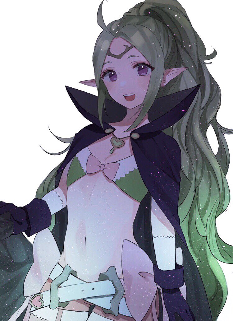 1girl belt black_gloves bow cape circlet fire_emblem fire_emblem:_kakusei gloves green_hair long_hair mamkute midriff navel nintendo nowi_(fire_emblem) open_mouth pink_bow pointy_ears ponytail simple_background solo tkm_4545 violet_eyes white_background