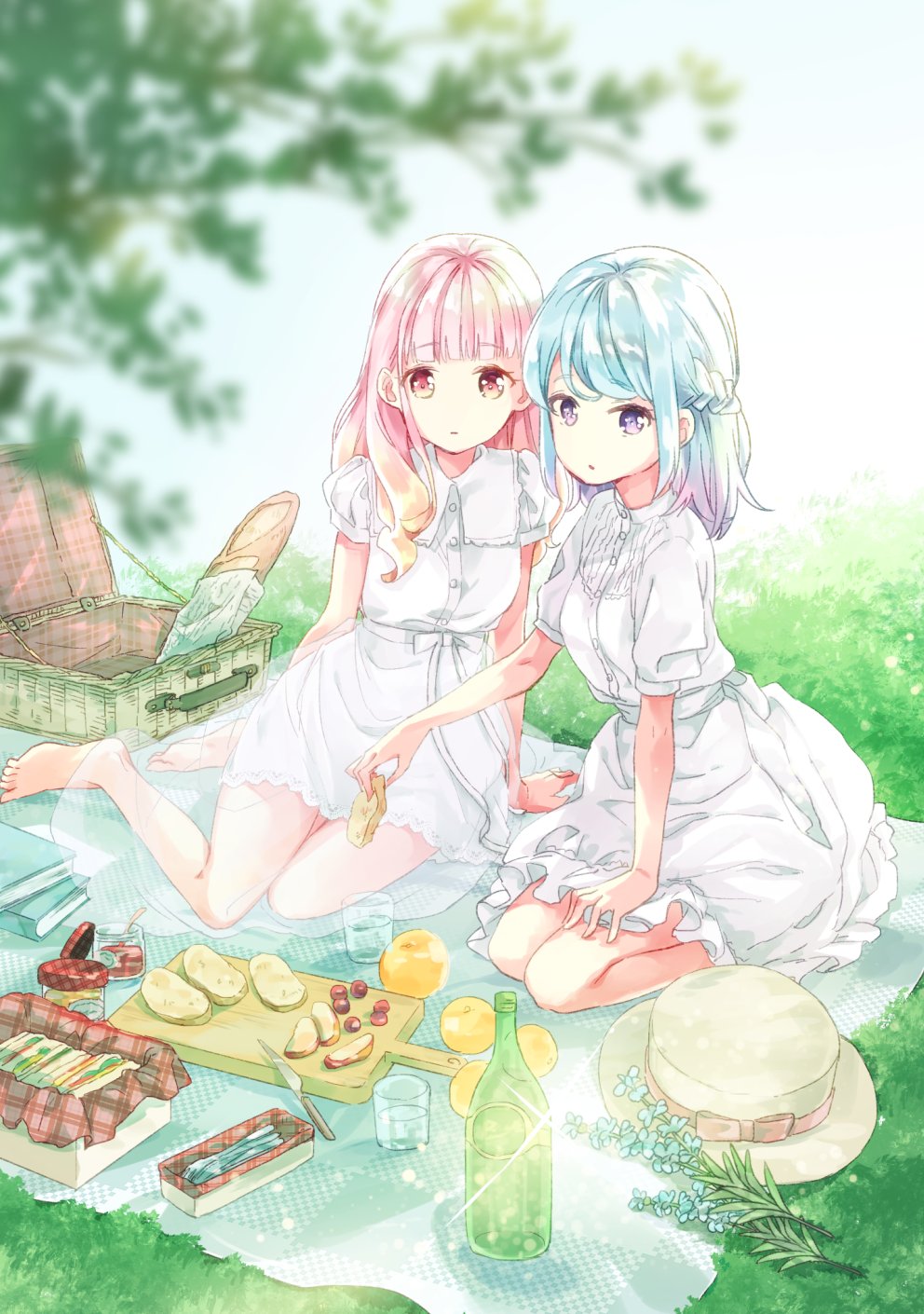 2girls aikatsu!_(series) aikatsu_friends! baguette bangs barefoot blanket blonde_hair blue_flower blue_hair blurry blurry_foreground bottle bread collared_dress cup day depth_of_field dress drink drinking_glass eyebrows_visible_through_hair flower food gradient_hair grass grey_hat hat hat_ribbon highres holding holding_food knife min_taroo minato_mio multicolored_hair multiple_girls outdoors pink_hair puffy_short_sleeves puffy_sleeves purple_hair red_eyes ribbon sandwich see-through short_sleeves violet_eyes white_dress yuuki_aine