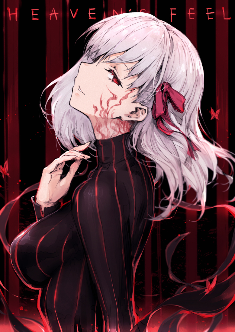 1girl black_dress breasts copyright_name dark_persona dark_sakura dress facial_mark fate/stay_night fate_(series) from_side hair_ribbon haoni heaven's_feel large_breasts long_hair long_sleeves looking_at_viewer matou_sakura parted_lips red_eyes ribbon solo striped turtleneck upper_body vertical-striped_dress vertical_stripes