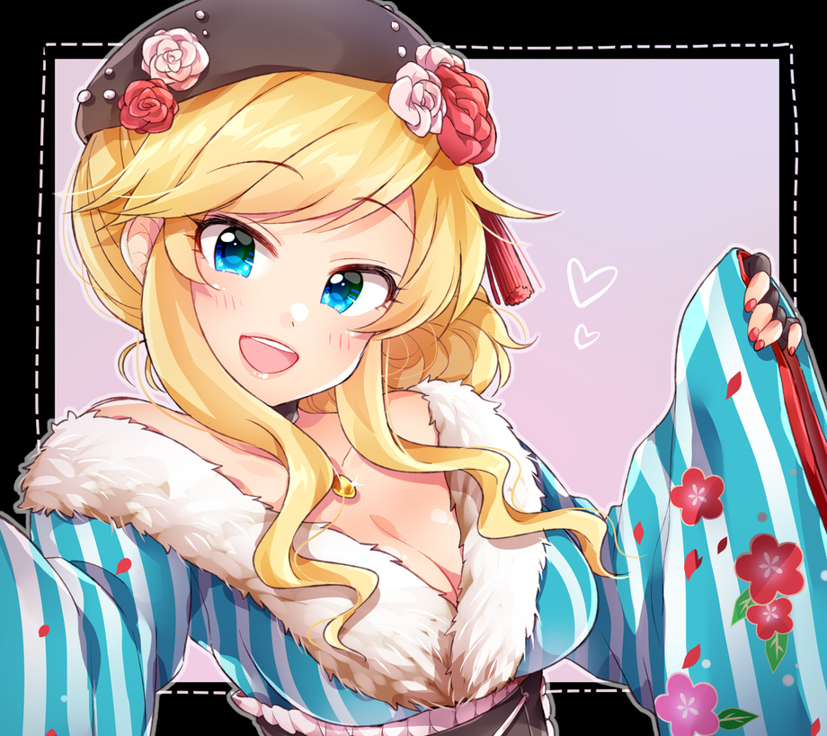 1girl :d bangs black_gloves black_hat blonde_hair blue_eyes breasts choker cleavage collarbone eyebrows_visible_through_hair fingerless_gloves floral_print flower fur-trimmed_kimono fur_trim gloves hat hat_flower head_tilt idolmaster idolmaster_cinderella_girls japanese_clothes jewelry kimono long_hair long_sleeves looking_at_viewer medium_breasts mio_(mgr300) nail_polish necklace obi ootsuki_yui open_mouth parted_bangs pink_hat print_kimono red_flower red_nails rose sash smile solo sparkle striped striped_kimono upper_body wide_sleeves