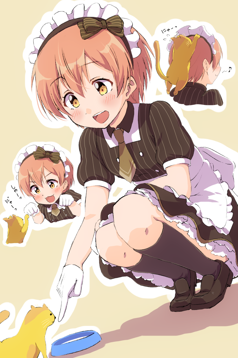 :3 :d animal animal_on_head apron black_footwear black_legwear blush bow bowl brown_hair cat cat_on_head flying_sweatdrops gloves hair_bow highres hoshizora_rin humming kneehighs looking_at_animal love_live! love_live!_school_idol_project maid maid_headdress multiple_views musical_note neckerchief on_head open_mouth orange_hair outline paw_pose pet_bowl pinstripe_pattern pointing sen_(sen0910) shoes short_hair short_sleeves smile squatting striped striped_bow tan_background waist_apron white_apron white_gloves white_outline yellow_eyes