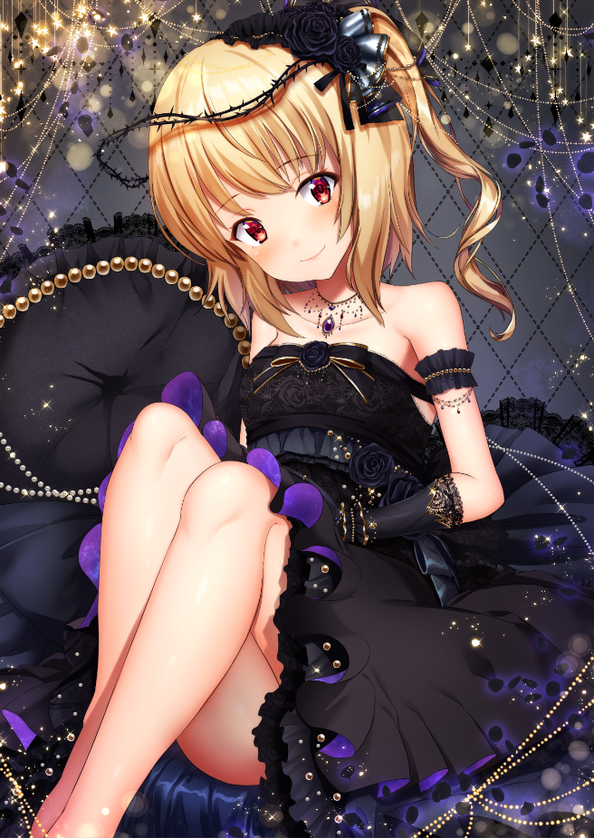 1girl alternate_costume ass bangs bare_shoulders black_dress black_flower black_gloves black_ribbon black_rose blonde_hair blush breasts commentary_request dress eyebrows_visible_through_hair feet_out_of_frame flandre_scarlet flower gloves hair_flower hair_ornament hair_ribbon head_tilt jewelry knees_up lens_flare light_particles long_hair looking_at_viewer necklace no_hat no_headwear one_side_up petticoat pillow red_eyes ribbon rose sea_scorpion_(umisasori) sitting small_breasts smile solo strapless strapless_dress thighs thorns touhou