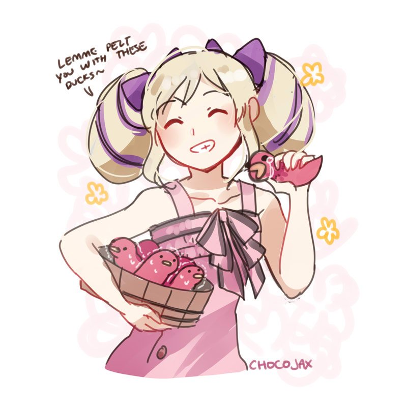 1girl artist_name blonde_hair bow bucket buttons chocojax closed_eyes dress elise_(fire_emblem_if) fire_emblem fire_emblem_heroes fire_emblem_if grin hair_bow long_hair multicolored_hair nintendo pink_dress purple_hair smile solo twintails wooden_bucket