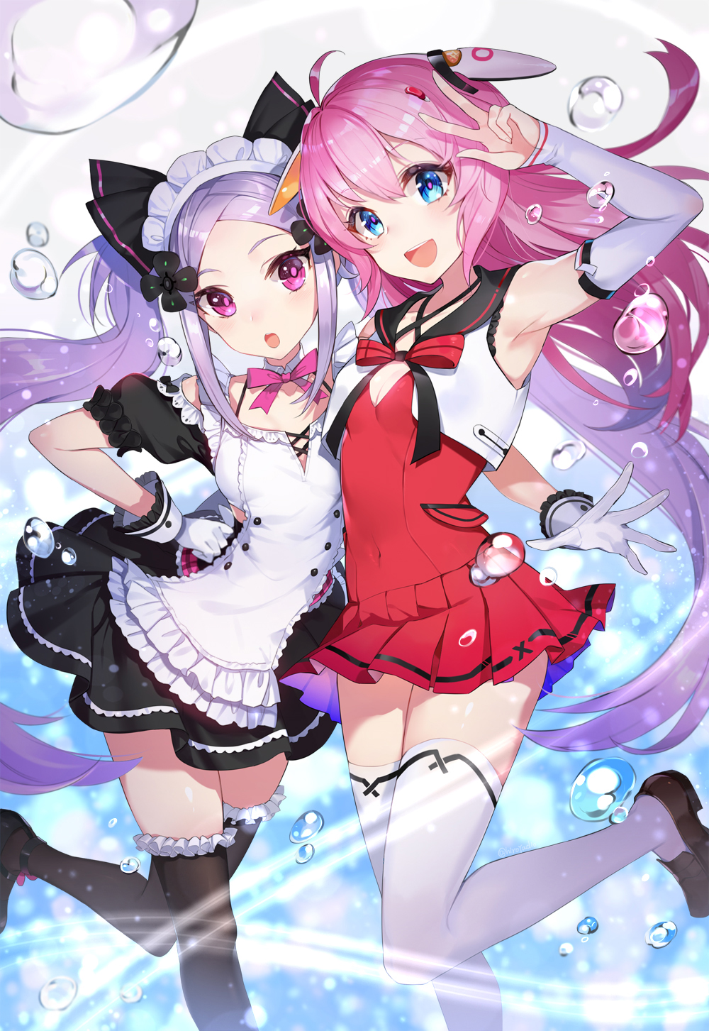 2girls :d :o black_sailor_collar blue_eyes blush bow breasts bubble catsizuru cleavage copyright_request criss-cross_halter cropped_vest detached_collar dress frilled_legwear gloves halterneck highres loafers long_hair maid maid_headdress multiple_girls open_mouth pink_bow pink_eyes pink_hair pink_ribbon pleated_skirt puffy_short_sleeves puffy_sleeves purple_hair red_dress ribbon sailor_collar shoes short_sleeves single_stripe skirt small_breasts smile thigh-highs twintails v very_long_hair white_gloves