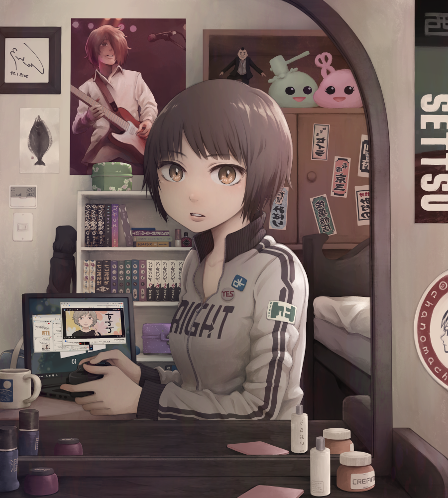 1girl asymmetry bed book bookshelf brown_hair bunk_bed coffee_mug collarbone commentary controller cup dated guitar indoors instrument jacket looking_at_viewer looking_to_the_side mirror mug original poster short_hair signature sitting solo track_jacket track_suit yajirushi_(chanoma)