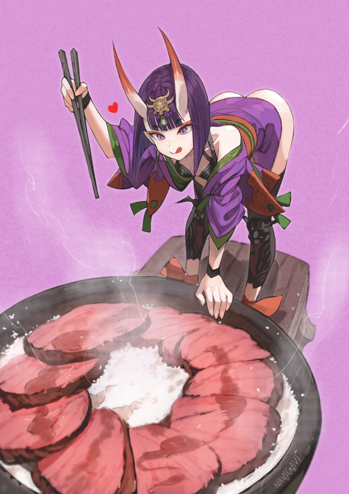 1girl :q ass bangs bare_shoulders beef bent_over blunt_bangs bob_cut bowl breasts chopsticks collarbone commentary commission eyebrows_visible_through_hair eyeliner fate/grand_order fate_(series) food headpiece heart highres horns japanese_clothes jun_(seojh1029) kimono makeup oni oni_horns open_clothes open_kimono purple_background purple_hair purple_kimono revealing_clothes rice rice_bowl short_eyebrows short_hair shuten_douji_(fate/grand_order) skeb_commission skin-covered_horns small_breasts smile sparkling_eyes steam tongue tongue_out violet_eyes