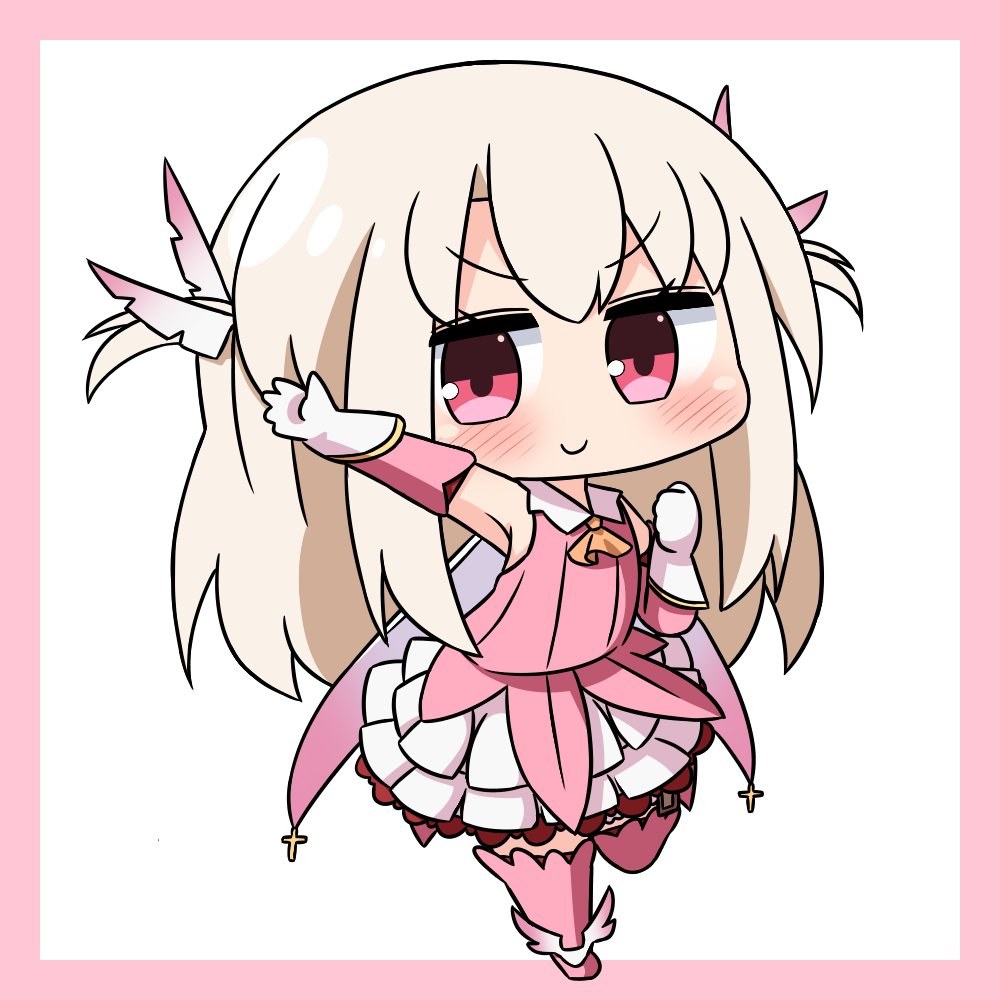 1girl bangs blush boots chibi closed_mouth collared_shirt commentary_request detached_sleeves eyebrows_visible_through_hair fate/kaleid_liner_prisma_illya fate_(series) feathers full_body gloves hair_between_eyes hair_feathers hana_kazari illyasviel_von_einzbern layered_skirt light_brown_hair long_hair long_sleeves looking_at_viewer outstretched_arm pink_background pink_feathers pink_footwear pink_legwear pink_shirt pink_sleeves pleated_skirt prisma_illya red_eyes shirt skirt sleeveless sleeveless_shirt smile solo standing standing_on_one_leg thigh-highs thigh_boots two-tone_background two_side_up v-shaped_eyebrows very_long_hair white_background white_gloves white_skirt