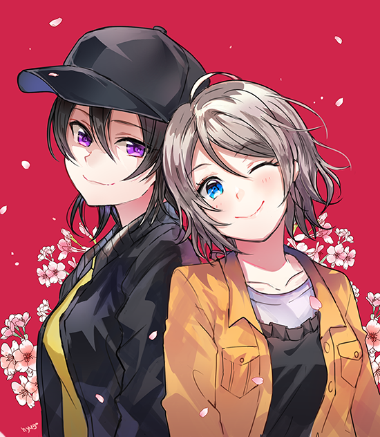 2girls bangs black_hair black_jacket blue_eyes check_commentary commentary_request cousins eyebrows_visible_through_hair flower grey_hair hat hyugo jacket long_sleeves looking_at_viewer love_live! love_live!_sunshine!! love_live!_sunshine!!_the_school_idol_movie_over_the_rainbow multiple_girls one_eye_closed petals short_hair upper_body violet_eyes watanabe_tsuki watanabe_you wavy_hair