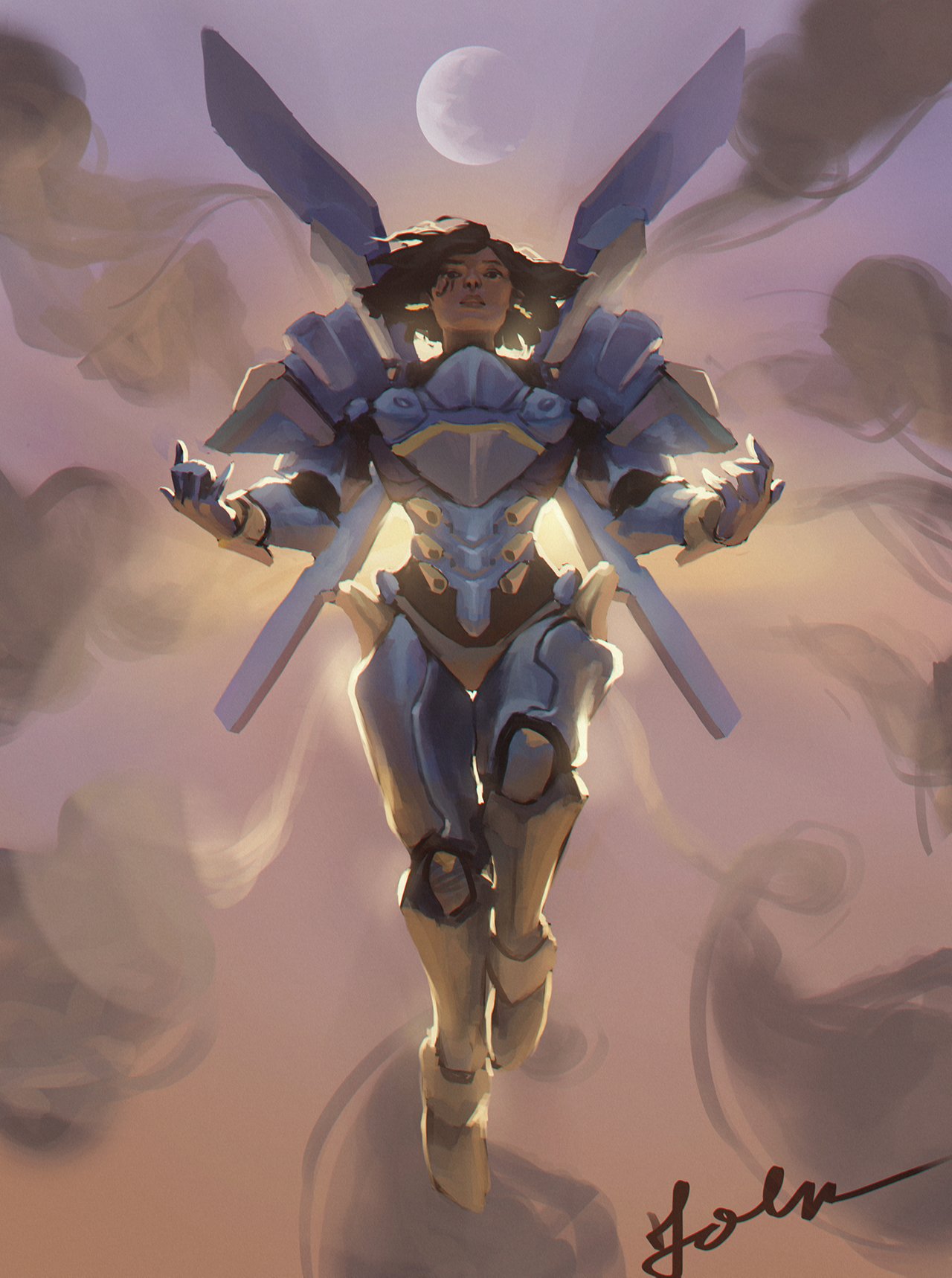 1girl black_hair dark_skin eye_of_horus facial_tattoo flying full_body highres john_erickson_waleson_manalon mechanical_wings moon no_headwear no_helmet overwatch pharah_(overwatch) power_armor short_hair smoke_trail solo tattoo thrusters wings