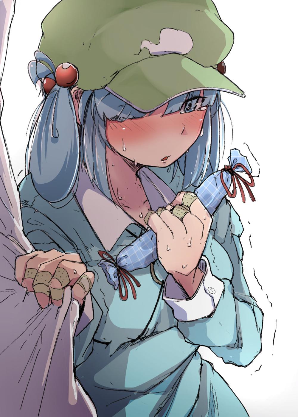 1girl bandage bandaid bandaid_on_finger bangs blue_eyes blue_hair blush clothes_grab eyebrows_visible_through_hair flanvia hair_bobbles hair_ornament hat highres kawashiro_nitori open_mouth shirt short_hair sweat tears touhou trembling two_side_up