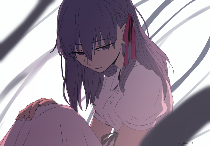 1girl asaya_minoru bangs blurry blurry_foreground closed_mouth commentary_request depth_of_field eyebrows_visible_through_hair fate/stay_night fate_(series) fingernails hair_between_eyes hair_ribbon hand_on_own_knee heaven's_feel knees_up long_hair looking_at_viewer matou_sakura puffy_short_sleeves puffy_sleeves purple_hair red_ribbon ribbon shirt short_sleeves sitting solo twitter_username violet_eyes white_background white_shirt
