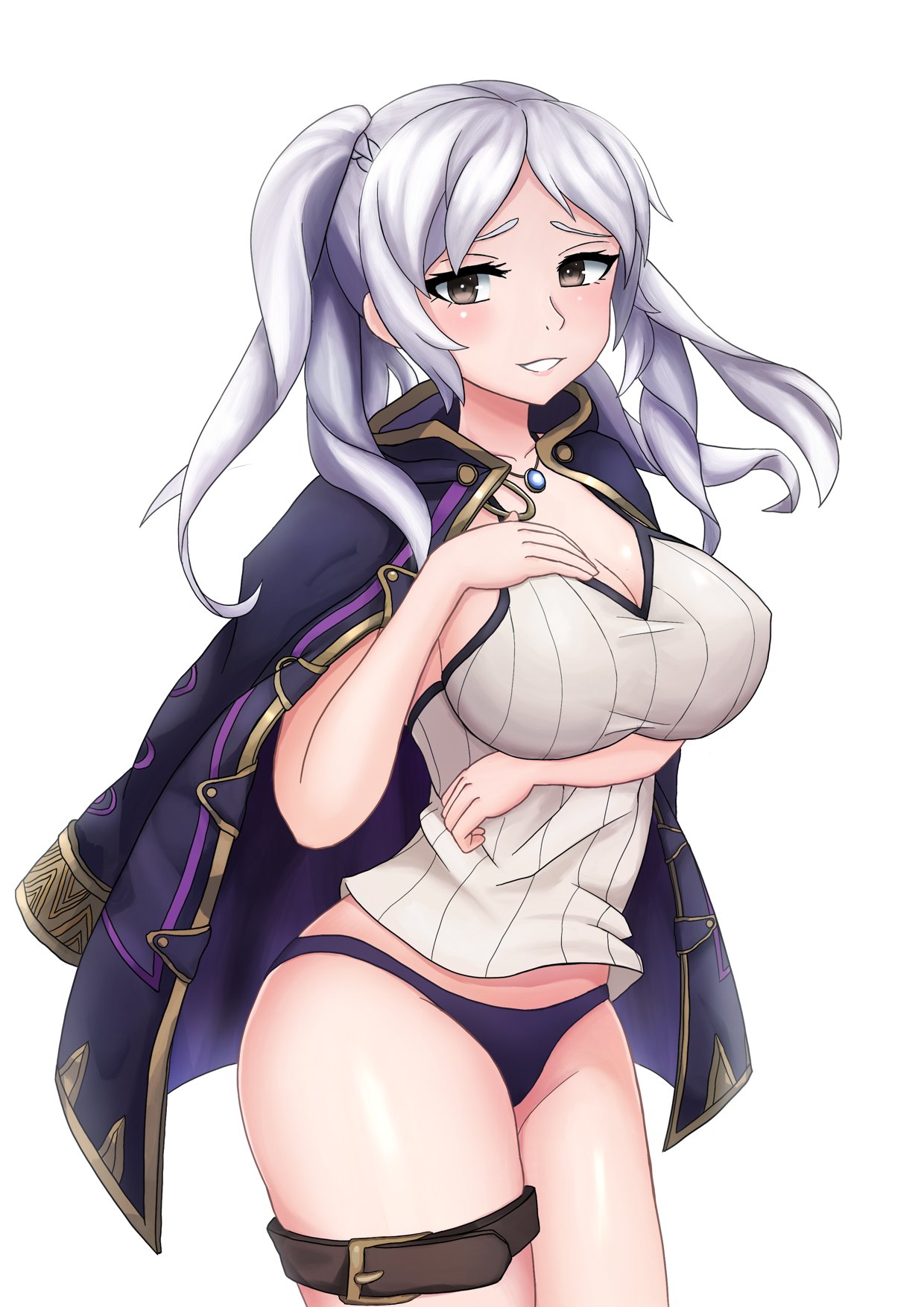 1girl bikini bikini_bottom breast_hold breasts cleavage cowboy_shot cute female_my_unit_(fire_emblem:_kakusei) fire_emblem fire_emblem:_kakusei fire_emblem_13 fire_emblem_awakening fire_emblem_heroes hand_on_own_chest highres intelligent_systems jewelry large_breasts looking_at_viewer medium_hair my_unit_(fire_emblem:_kakusei) necklace nintendo purple_bikini_bottom reflet reflet_(girl) ribbed_shirt robe robin_(fire_emblem) robin_(fire_emblem)_(female) shirt silver_hair simple_background smile solo swimsuit thigh_strap twintails violet_eyes white_background yan_kodiac