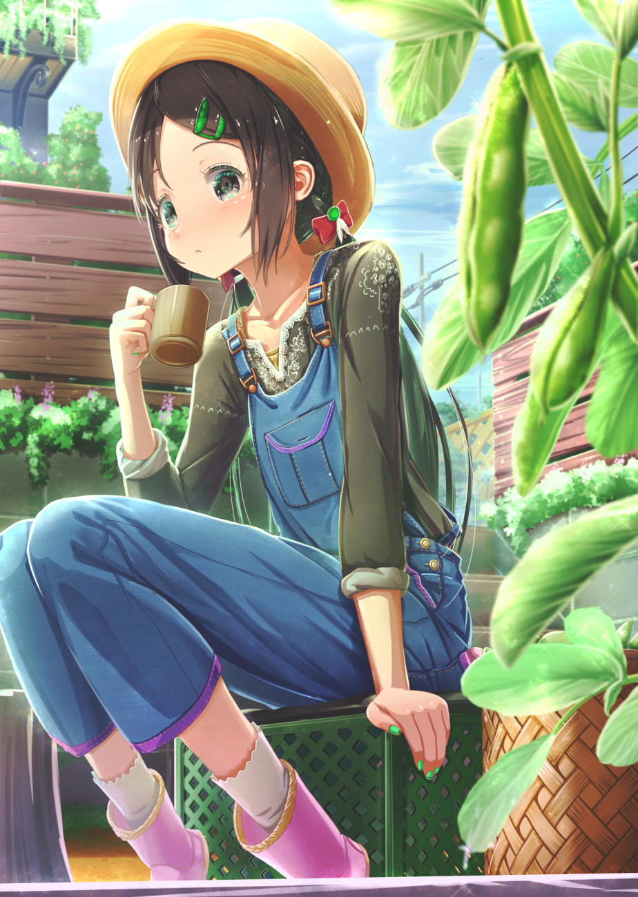 1girl :&lt; abo_(kawatasyunnnosukesabu) basket black_eyes black_hair black_shirt boots bow brown_hat commentary_request crate cup day flower_box garden green_nails hair_bow hair_ornament hat highres holding holding_cup lace lace-trimmed_shirt lattice long_hair long_sleeves mug nail_polish original outdoors overalls pink_footwear plant power_lines red_bow shirt sitting sleeves_rolled_up socks solo soybean twintails white_legwear