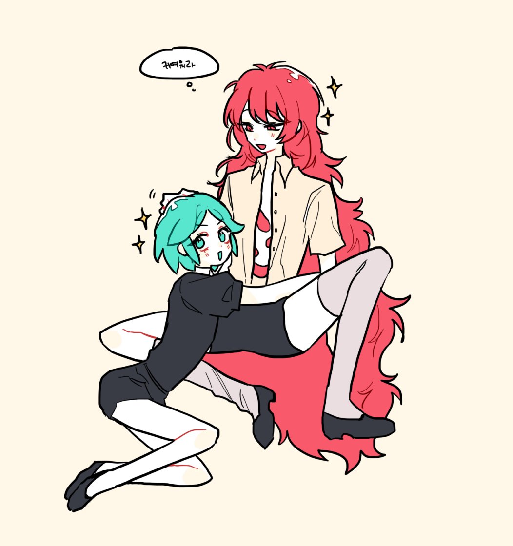 2others androgynous aqua_eyes aqua_hair gem_uniform_(houseki_no_kuni) hand_on_another's_head houseki_no_kuni hug long_hair looking_at_another looking_at_viewer multiple_others open_clothes open_shirt padparadscha_(houseki_no_kuni) petting phosphophyllite red_eyes redhead short_hair sitting smile sparkle thigh-highs very_long_hair wavy_hair