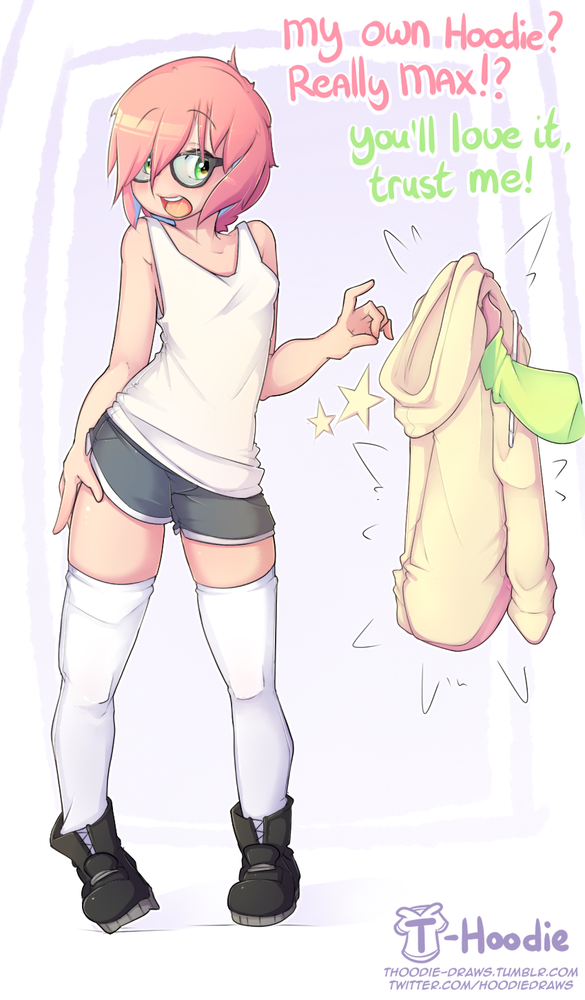 1girl artist_name blush collarbone commission drawstring english_text eyebrows_visible_through_hair full_body glasses green_eyes hand_on_hip highres hood hoodie hoodie_removed looking_at_viewer open_mouth original pink_hair short_hair shorts smile solo star t-hoodie thigh-highs thighs tumblr_username twitter_username watermark web_address white_legwear