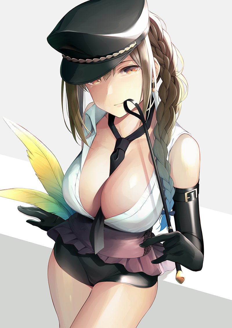 1girl ahoge bangs between_breasts black_hat black_neckwear blush braid breasts brown_eyes brown_hair cleavage commentary earrings elbow_gloves eyebrows_visible_through_hair feathers gloves hair_between_eyes hair_over_shoulder hat holding_whip idol idolmaster idolmaster_shiny_colors jewelry kuwayama_chiyuki large_breasts leaning long_braid long_hair looking_at_viewer necktie necktie_between_breasts peaked_cap purple_skirt shirt sidelocks single_braid skirt sleeveless sleeveless_shirt smile solo umihotaru_harumare white_shirt