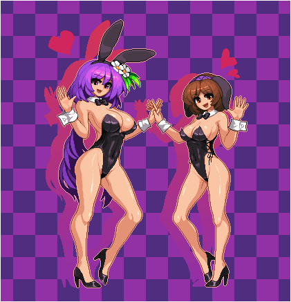 2girls :d alternate_costume animal_ears bare_legs bare_shoulders black_footwear black_leotard bow bowtie breasts brown_hair bunny_girl bunnysuit checkered checkered_background cleavage covered_navel cross-laced_clothes detached_collar drop_shadow fake_animal_ears flower full_body hair_flower hair_ornament hairband hand_holding heart high_heels highleg highleg_leotard interlocked_fingers large_breasts leotard long_hair looking_at_viewer lowres medium_breasts multiple_girls open_mouth purple_background purple_hair rabbit_ears red_eyes shoes short_hair siblings sisters smile standing takorin touhou tsukumo_benben tsukumo_yatsuhashi very_long_hair violet_eyes w_arms waving wrist_cuffs