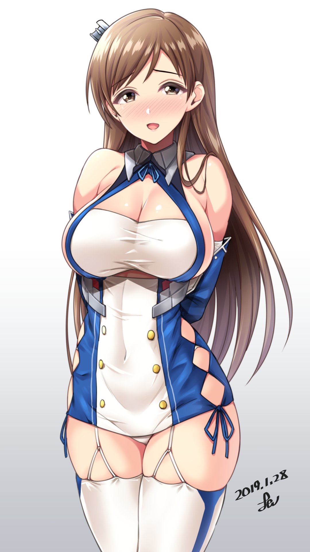 1girl arms_behind_back azur_lane bangs bare_shoulders blue_dress blue_gloves blush breasts brown_eyes brown_hair buttons cleavage cosplay dated dress garter_straps gloves gradient gradient_background hair_ornament halterneck highres hips idolmaster idolmaster_cinderella_girls large_breasts long_hair looking_at_viewer nitta_minami signature smile solo st._louis_(azur_lane) st._louis_(azur_lane)_(cosplay) swept_bangs thigh-highs thighs two-tone_dress underbust white_background white_dress white_gloves white_legwear yoohi