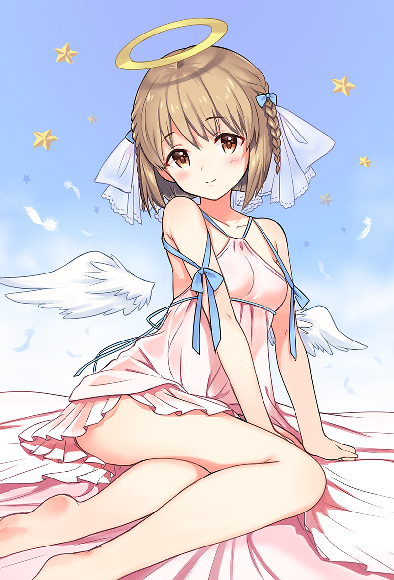 1girl angel angel_wings bare_arms bare_legs barefoot beige_dress blue_sky blush breasts brown_eyes brown_hair collarbone commentary_request detached_wings dress eyebrows_visible_through_hair feathered_wings feathers hagiwara_yukiho hair_between_eyes hair_ornament halo idolmaster idolmaster_(classic) looking_at_viewer occhan_(11715) short_hair sitting sky small_breasts smile solo star white_feathers white_wings wings