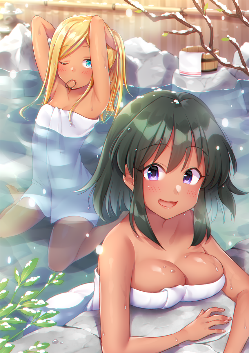 2girls armpits arms_up blonde_hair blue_eyes blush breasts cleavage collarbone dark_skin green_hair highres idolmaster idolmaster_cinderella_girls laila_(otoyomegatari) long_hair looking_at_viewer medium_breasts mio_(mgr300) mouth_hold multiple_girls naked_towel natalia_(idolmaster) one_eye_closed onsen open_mouth outdoors partially_submerged short_hair sitting small small_breasts smile snow snowing towel tying_hair violet_eyes white_towel