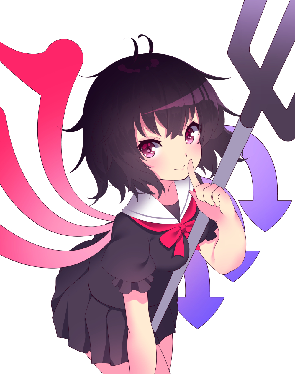 1girl asymmetrical_wings black_hair bow bowtie breasts cowboy_shot finger_to_mouth highres houjuu_nue looking_at_viewer miniskirt pleated_skirt polearm sailor_collar shirt short_hair simple_background skirt small_breasts smile solo touhou trident violet_eyes weapon white_background wings yuujin_(mhhnp306)