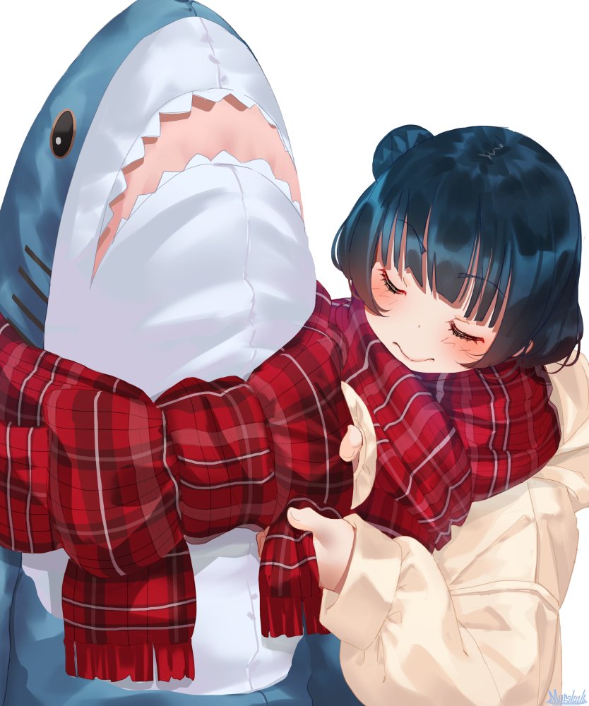 1girl artist_name bangs blue_hair blush closed_eyes closed_mouth commentary_request eyebrows_visible_through_hair eyelashes fringe_trim ikea_shark long_hair long_sleeves love_live! love_live!_sunshine!! marshall_(wahooo) plaid plaid_scarf red_scarf scarf side_bun sidelocks simple_background sleeves_past_wrists solo stuffed_animal stuffed_shark stuffed_toy tsushima_yoshiko upper_body white_background white_coat