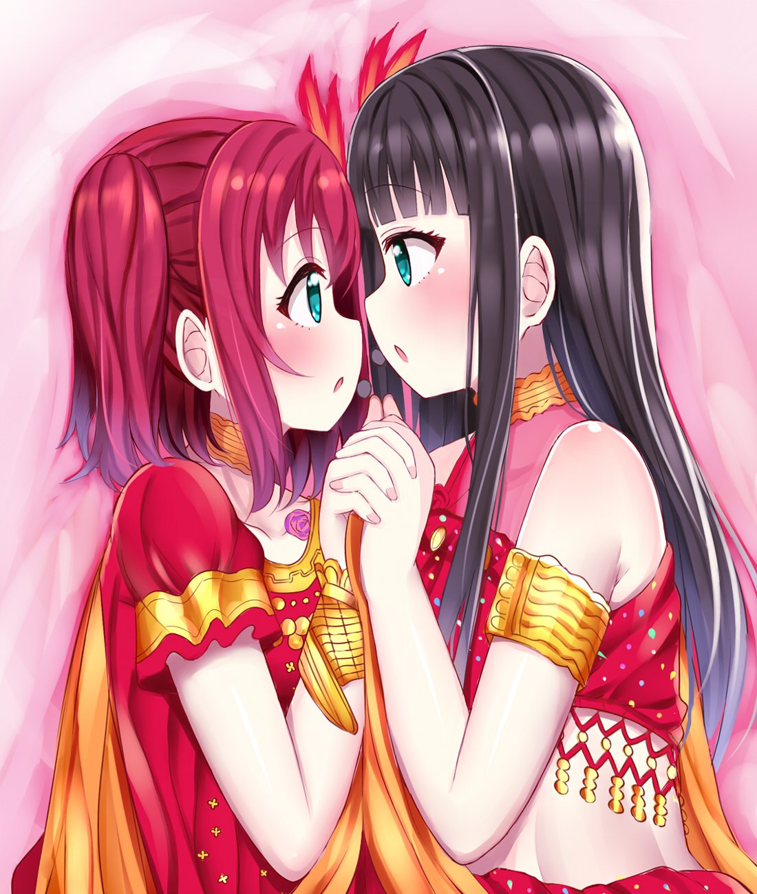 2girls aqua_eyes black_hair hand_holding highres incest inferno_phoenix kurosawa_dia kurosawa_ruby long_hair love_live! love_live!_sunshine!! mizukoshi_(marumi) mole mole_under_mouth multiple_girls redhead short_twintails siblings sisters twintails