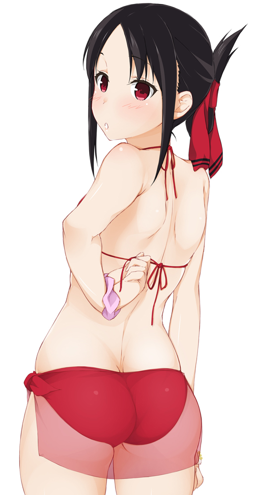 1girl ass bikini black_hair blush bow butt_crack from_behind hair_bow half_updo hinata_masaki kaguya-sama_wa_kokurasetai_~tensai-tachi_no_renai_zunousen~ looking_back red_bikini red_eyes sarong scrunchie see-through shinomiya_kaguya solo swimsuit white_background wrist_scrunchie