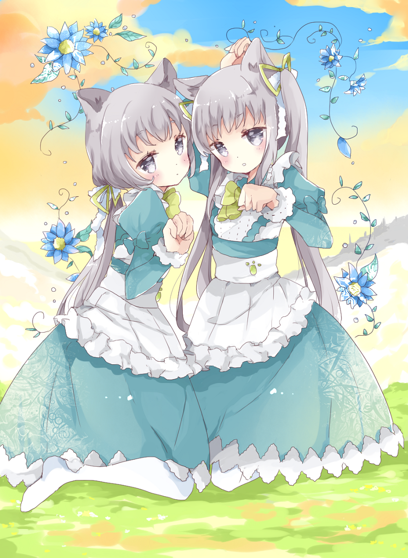 2girls animal_ears apron arm_up bangs blue_dress blue_gloves blue_sky blush cat_ears clouds cloudy_sky commentary_request day dress eyebrows_visible_through_hair gloves green_ribbon grey_eyes grey_hair hair_ribbon juliet_sleeves long_hair long_sleeves looking_at_viewer looking_to_the_side low_twintails multiple_girls no_shoes original outdoors pantyhose paw_pose puffy_sleeves ribbon sky tsukiyo_(skymint) twintails very_long_hair waist_apron white_apron white_legwear