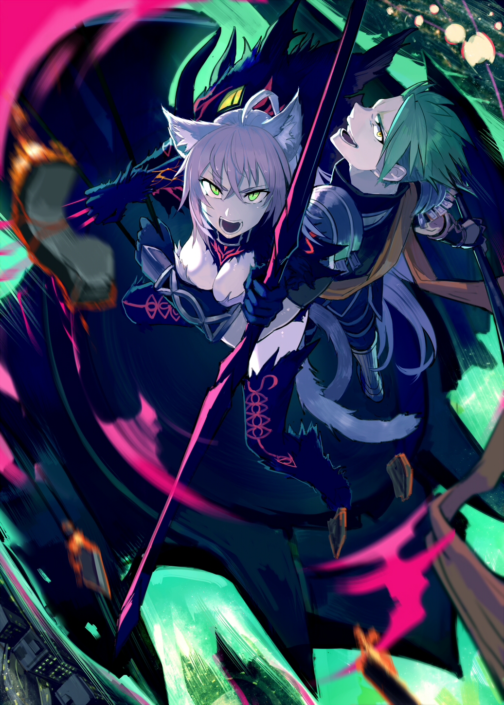 1boy 1girl :d achilles_(fate) ahoge animal_ears atalanta_(alter)_(fate) atalanta_(fate) black_legwear bow_(weapon) breasts cat_ears city cleavage fate/apocrypha fate_(series) greaves green_eyes green_hair highres holding holding_bow_(weapon) holding_spear holding_weapon long_hair looking_at_viewer open_mouth pauldrons pink_hair polearm smile spear teeth thigh-highs walzrj weapon yellow_eyes