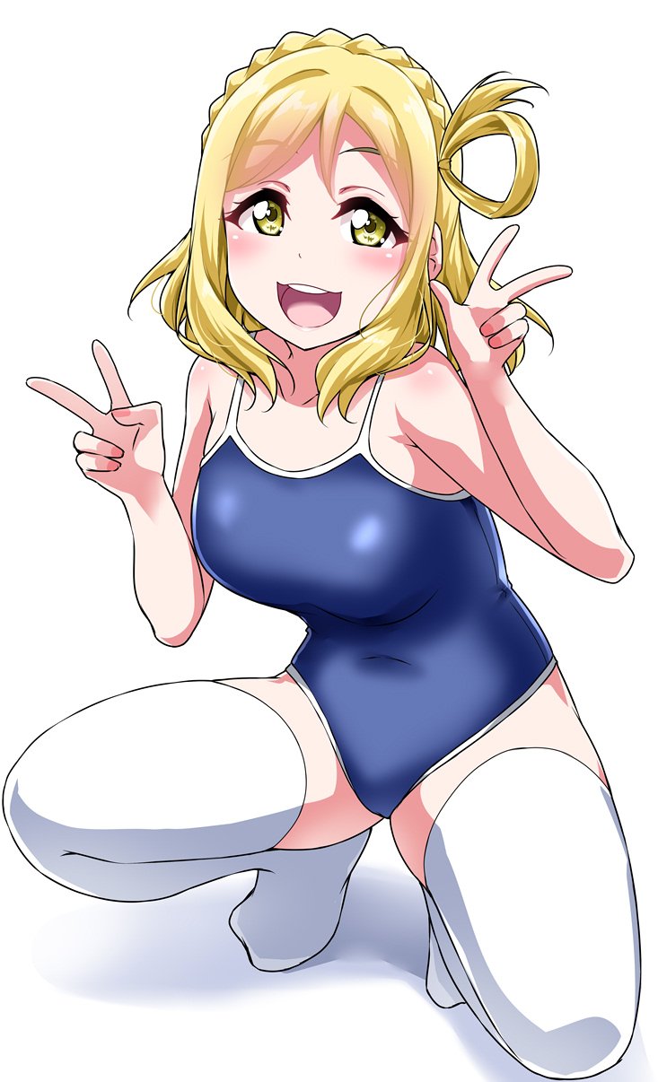 1girl :d blonde_hair blue_swimsuit blush braid breasts commentary_request competition_school_swimsuit covered_navel crown_braid hair_rings hands_up highres looking_at_viewer love_live! love_live!_sunshine!! medium_breasts no_shoes ohara_mari one-piece_swimsuit open_mouth school_swimsuit smile solo spread_legs squatting swimsuit v w white_background white_legwear yellow_eyes yopparai_oni