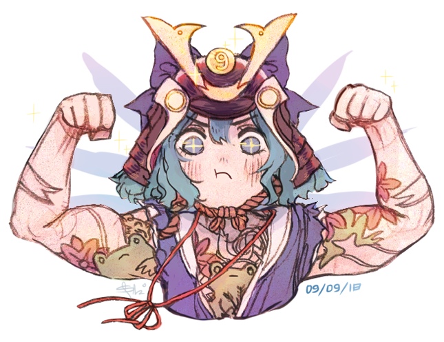 &gt;:( (9) +_+ 1girl arm_tattoo armor arms_up blue_bow blue_eyes blue_hair blush bow cirno clenched_hand commentary dated eyebrows_visible_through_hair hair_between_eyes hair_bow helmet japanese_armor kabuto looking_at_viewer muscle muscular_female open_clothes pout pouty_lips red_ribbon ribbon rope short_hair simple_background sketch sleeveless solo svveet symbol-shaped_pupils tattoo touhou upper_body white_background wings