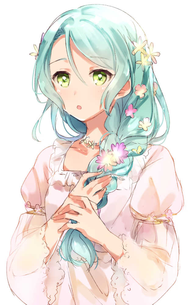 1girl :o alternate_hairstyle aqua_hair bang_dream! braid dress flower flower_necklace green_eyes hair_between_eyes hair_flower hair_ornament hair_over_shoulder hikawa_sayo jewelry komachi_narota long_hair long_sleeves looking_at_viewer necklace see-through_sleeves simple_background single_braid solo upper_body white_background