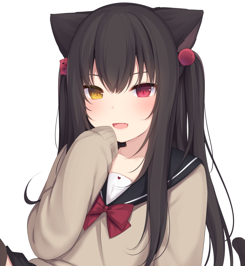 1girl :d amashiro_natsuki animal_ears bangs black_hair black_sailor_collar black_skirt blush bow bowtie brown_legwear brown_shirt cat_ears cat_tail commentary_request fang hair_ornament hand_up heterochromia knee_up long_hair long_sleeves looking_at_viewer miniskirt open_mouth original red_eyes red_neckwear sailor_collar school_uniform shirt sidelocks simple_background skirt sleeves_past_fingers sleeves_past_wrists smile solo tail thigh-highs two_side_up upper_body white_background yellow_eyes