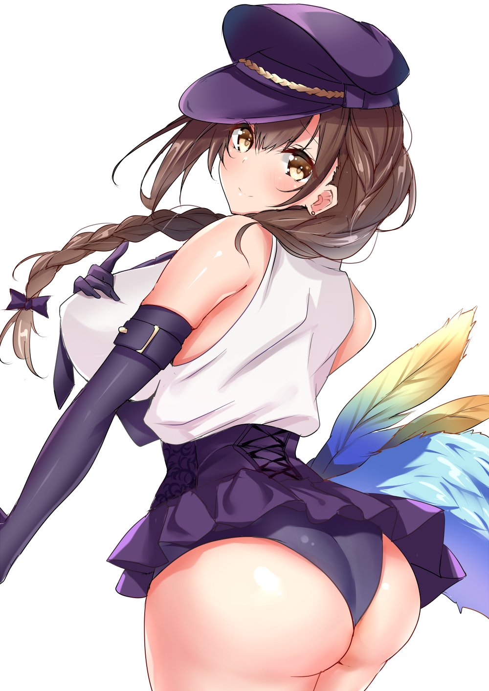 1girl ass bare_shoulders black_gloves black_hat black_neckwear black_panties black_skirt blush braid breasts brown_eyes brown_hair closed_mouth collared_shirt elbow_gloves feathers gloves hand_on_own_chest hat high-waist_skirt highres hips idolmaster idolmaster_shiny_colors kuwayama_chiyuki large_breasts long_hair looking_at_viewer looking_back miniskirt necktie panties peaked_cap sankakusui shirt simple_background skirt sleeveless smile solo underwear white_background white_shirt