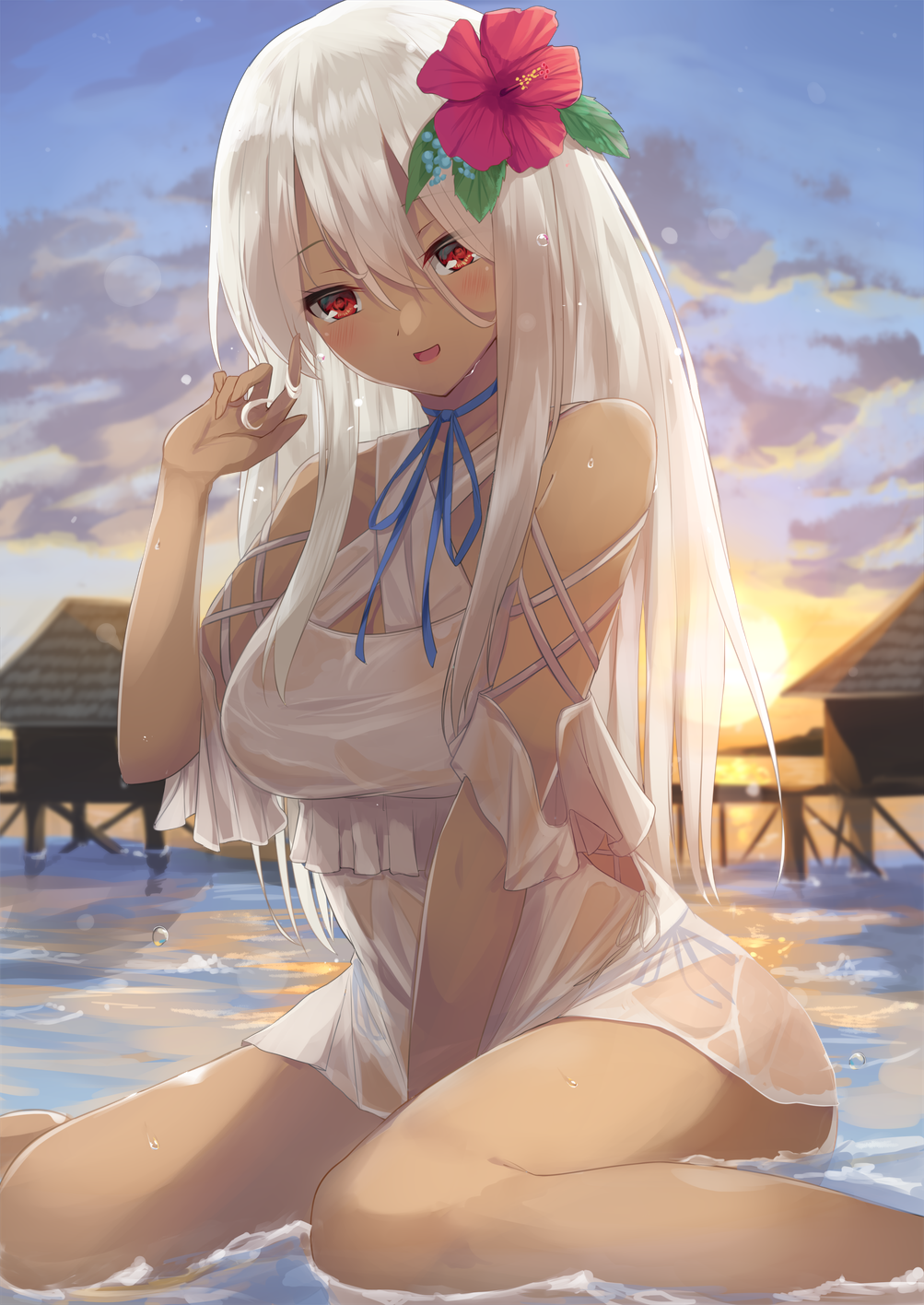 1girl bangs bare_shoulders beach blue_sky blush breasts criss-cross_halter dark_skin dress flower gown hair_between_eyes hair_flower hair_ornament halterneck highres horizon igakusei leaf legs long_hair looking_at_viewer medium_breasts ocean open_mouth original red_eyes sitting sky smile solo sunset swimsuit tan thighs wariza water wet white_hair white_swimsuit