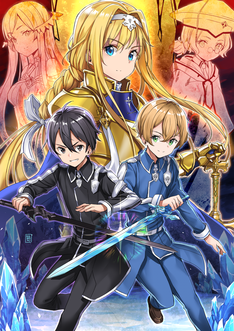 2boys 3girls alice_schuberg asuna_(sao) bangs bare_shoulders black_hair black_jacket black_pants blonde_hair blue_eyes blue_jacket blue_pants blush bow braid breasts brown_eyes brown_footwear cape character_request closed_mouth collared_shirt commentary crystal english_commentary eugeo eyebrows_visible_through_hair gauntlets glasses gold_armor green_eyes grin hair_between_eyes hair_bow hair_intakes hairband hand_on_hilt hat hiroki_(hirokiart) holding holding_sword holding_weapon jacket kirito long_hair medium_breasts multiple_boys multiple_girls necktie pants pince-nez shirt shoes sidelocks single_braid smile standing standing_on_one_leg swept_bangs sword sword_art_online sword_art_online_alicization v-shaped_eyebrows very_long_hair weapon white_bow white_hairband