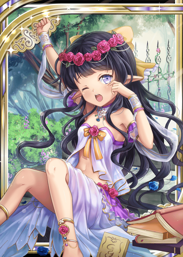 1girl age_regression akkijin armpits black_hair book breasts card_(medium) chair cleavage dress elf flower garden gauntlets head_wreath long_hair official_art one_eye_closed open_book petals pink_flower pink_rose pointy_ears rose rose_bush rose_petals shinkai_no_valkyrie sitting small_breasts tree violet_eyes waking_up white_dress yawning younger