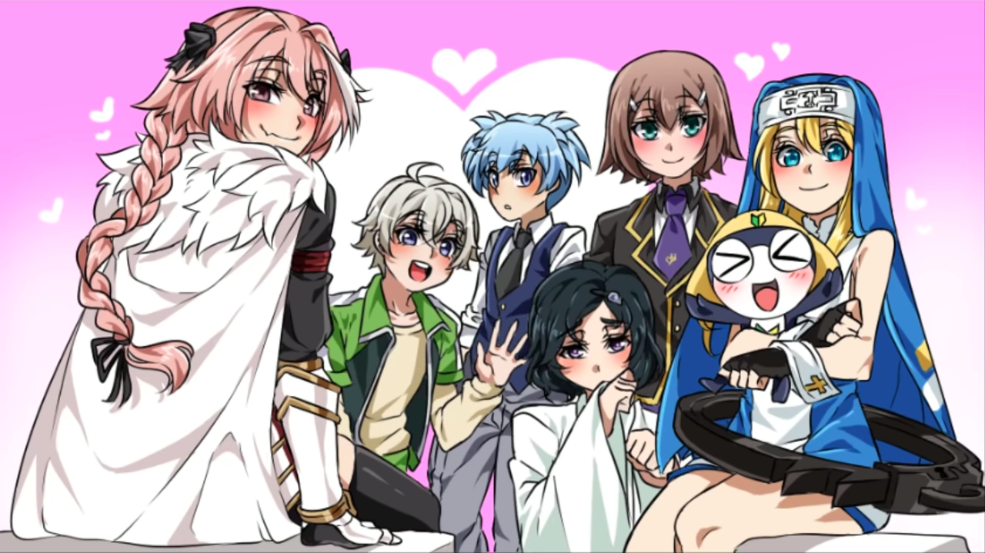 6+boys ahoge ansatsu_kyoushitsu armor astolfo_(fate) baka_to_test_to_shoukanjuu bangs black_hair blonde_hair blue_hair blush braid braided_ponytail bridget_(guilty_gear) cape closed_eyes covering_mouth crossdressinging crossover eyebrows_visible_through_hair fate/grand_order fate_(series) green_eyes guilty_gear heart hug hug_from_behind japanese_clothes keroro_gunsou kinoshita_hideyoshi long_hair miko multiple_boys necktie nun open_mouth otoko_no_ko pants parted_bangs ponytail pov school_uniform shiota_nagisa short_hair silver_hair smile steins;gate tamama thick_eyebrows totsuka_saika track_suit trait_connection trap uniform urushibara_ruka violet_eyes waving yahari_ore_no_seishun_lovecome_wa_machigatteiru.