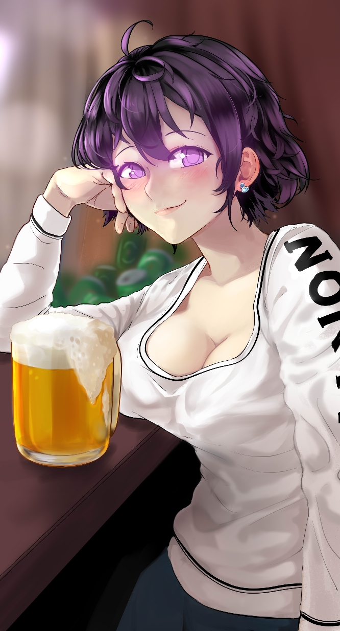 1girl ahoge alcohol alternate_hairstyle beer beifeng_han blurry blurry_background blush breast_rest breasts cleavage collarbone counter cup depth_of_field drink drinking_glass earrings elbow_rest glowing glowing_eyes hair_between_eyes hand_on_own_cheek highres jewelry large_breasts leaning lips long_sleeves looking_at_viewer low-cut miyaura_sanshio nose original purple_hair short_hair smile solo violet_eyes